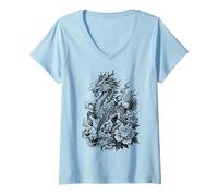 Donna Drago Tradizionale Giapponese Kirin in Stile Irezumi Maglietta con Collo a V