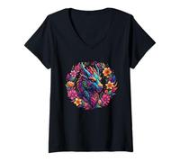 Donna Dragon Cottagecore Flower Bookworm Amante dei Libri Maglietta con Collo a V