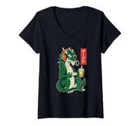 Donna Dragon Gamer Ukiyo-e Giapponese con tè Boba Maglietta con Collo a V