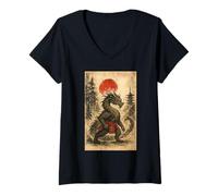 Donna Dragon Japanese Samurai Warrior Vintage Graphic Ukiyo-e Art Maglietta con Collo a V