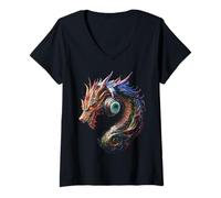 Donna Dragon Mythical Graphic Music Cuffia Art Dragon Maglietta con Collo a V