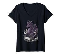 Donna Dragon Reading Book Floral Cottagecore Fantasy Maglietta con Collo a V