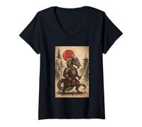 Donna Dragon Samurai Warrior Japanese Vintage Graphic Ukiyo-e Art Maglietta con Collo a V