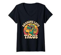 Donna Dragons Love Tacos - Simpatico Design con Cibo a Forma di Drago Maglietta con Collo a V