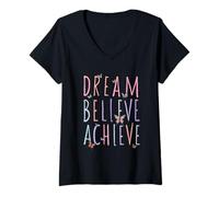 Donna Dream Believe Achieve Allegro Farfalla Inspirational Maglietta con Collo a V