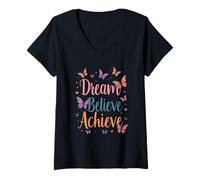 Donna Dream Believe Achieve Happy Butterfly Messaggio edificante Maglietta con Collo a V
