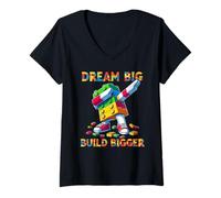 Donna Dream Big Build Bigger Funny Blocks Bricks Master Builder Maglietta con Collo a V