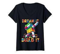 Donna Dream It Build It Funny Blocks Bricks Toy Master Builder Maglietta con Collo a V
