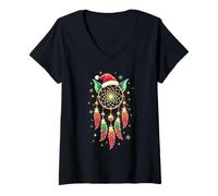 Donna Dreamcatcher Christmas Santa Elf Feather Dream Catcher Maglietta con Collo a V