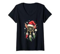 Donna Dreamcatcher Christmas Santa Elf Feather Dream Catcher Maglietta con Collo a V