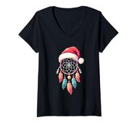 Donna Dreamcatcher Christmas Santa Feather Xmas Dream Catcher Maglietta con Collo a V