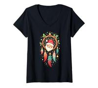 Donna Dreamcatcher Christmas Santa Hat Feather Xmas Dream Catcher Maglietta con Collo a V