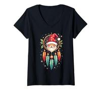 Donna Dreamcatcher Christmas Santa Hat Feather Xmas Dream Catcher Maglietta con Collo a V