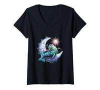 Donna Dreamy Celestial Lion Seal sdraiarsi su una luna crescente Maglietta con Collo a V