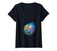 Donna Dreamy Celestial Monkey Lounging su una luna crescente Maglietta con Collo a V