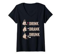 Donna Drink Drank Drunk Pug Drinking Wine Meme Hilarious Maglietta con Collo a V