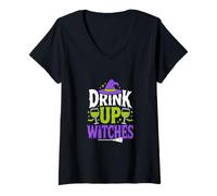 Donna Drink Up Witches Divertente Halloween Spooky Bere Maglietta con Collo a V