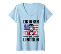 Donna Drinking Like Lincoln Merica Flag Patriotic 4th of July Maglietta con Collo a V