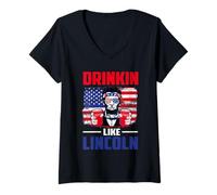 Donna Drinking Like Lincoln Merica Flag Patriotic 4th of July Maglietta con Collo a V