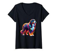 Donna Dripping Paint Art Bernese Mountain Dog Berner Maglietta con Collo a V