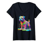 Donna Dripping Paint Art Border Terrier Border Terriers Maglietta con Collo a V