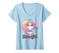 Donna Drum Girl Drummer Pastel Drumming Anime Musical Instrument Maglietta con Collo a V