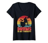 Donna Drums Is My Therapy Batterista retrò Maglietta con Collo a V