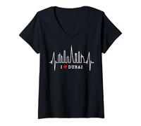 Donna Dubai Skyline Battito Cuore Burj Khalifa UAE I Love Dubai Maglietta con Collo a V