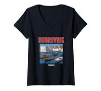 Donna Dubrovnik Croazia Harbor City Maglietta con Collo a V