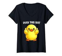 Donna Duck This Shit Funny Silly Duck Middle Finger Duck Meme Maglietta con Collo a V