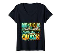 Donna Duckaholic Addicted To Quack Waterfowl Puns - Maglietta con Collo a V