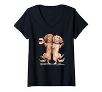 Donna Due Cani Bassotto a Pelo Lungo con Tazza da caffè Germania Maglietta con Collo a V
