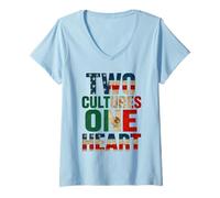 Donna Due Culture Un Cuore Metà Americano Metà Messicana USA Messico Maglietta con Collo a V