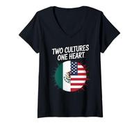Donna Due Culture Un Cuore USA Messico Bandiera Unity Art Donne Uomini Maglietta con Collo a V