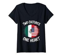 Donna Due Culture Un Cuore USA Messico Bandiera Unity Art Donne Uomini Maglietta con Collo a V