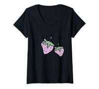 Donna Due Fragole Rosa Cibo Frutta Disegno Divertente Maglietta con Collo a V