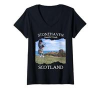 Donna Dunnotar Castle Stonehaven Scozia Tradizionale Uomo Scozzese Maglietta con Collo a V