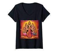 Donna Durga Puja Diwali Festival Felice Dea Navratri Maglietta con Collo a V