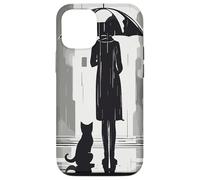 Donna e gatto sotto la pioggia con ombrello Vintage Cat Lover Custodia per iPhone 12/12 Pro