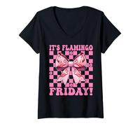 Donna È Il Flamingo Friday! TGIF Flamingo Girl Mom Pink Coquette Maglietta con Collo a V