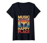 Donna È Il Mio Amante Della Musica Happy Place Dj Cuffie Maglietta con Collo a V