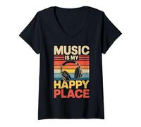 Donna È Il Mio Amante Della Musica Happy Place Dj Cuffie Maglietta con Collo a V