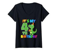 Donna È Il Mio Quarto Compleanno Dinosauro T-Rex Bambino di 4 Anni Divertente Maglietta con Collo a V