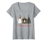 Donna È la Stagione Gesù è la Ragione per Cui Natività di Natale Maglietta con Collo a V