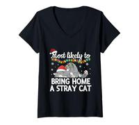 Donna È più probabile Che porti a casa Un Gatto randagio Divertente Abbinamento familiare Maglietta con Collo a V
