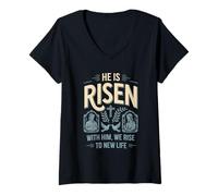 Donna È risorto con Lui We Rise New Life Christian Streetwear Maglietta con Collo a V