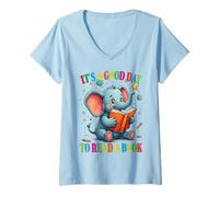 Donna È Un Buon Giorno per Leggere Un Libro Elefante Leggere Un Libro Bambini Maglietta con Collo a V