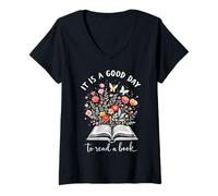 Donna È Un Buon Momento per Leggere Book Lover Inspirational Floral Maglietta con Collo a V
