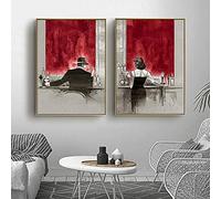 Donna e uomo che bevono al bar Quadri su tela Wall Art Scandinavo rosso in bianco e nero Poster Home Hotel Decor Pittura 30x50cmx2 Senza Cornice
