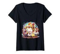 Donna Eagerlys Colorful Pollo Arte Crazy Chicken Family Maglietta con Collo a V